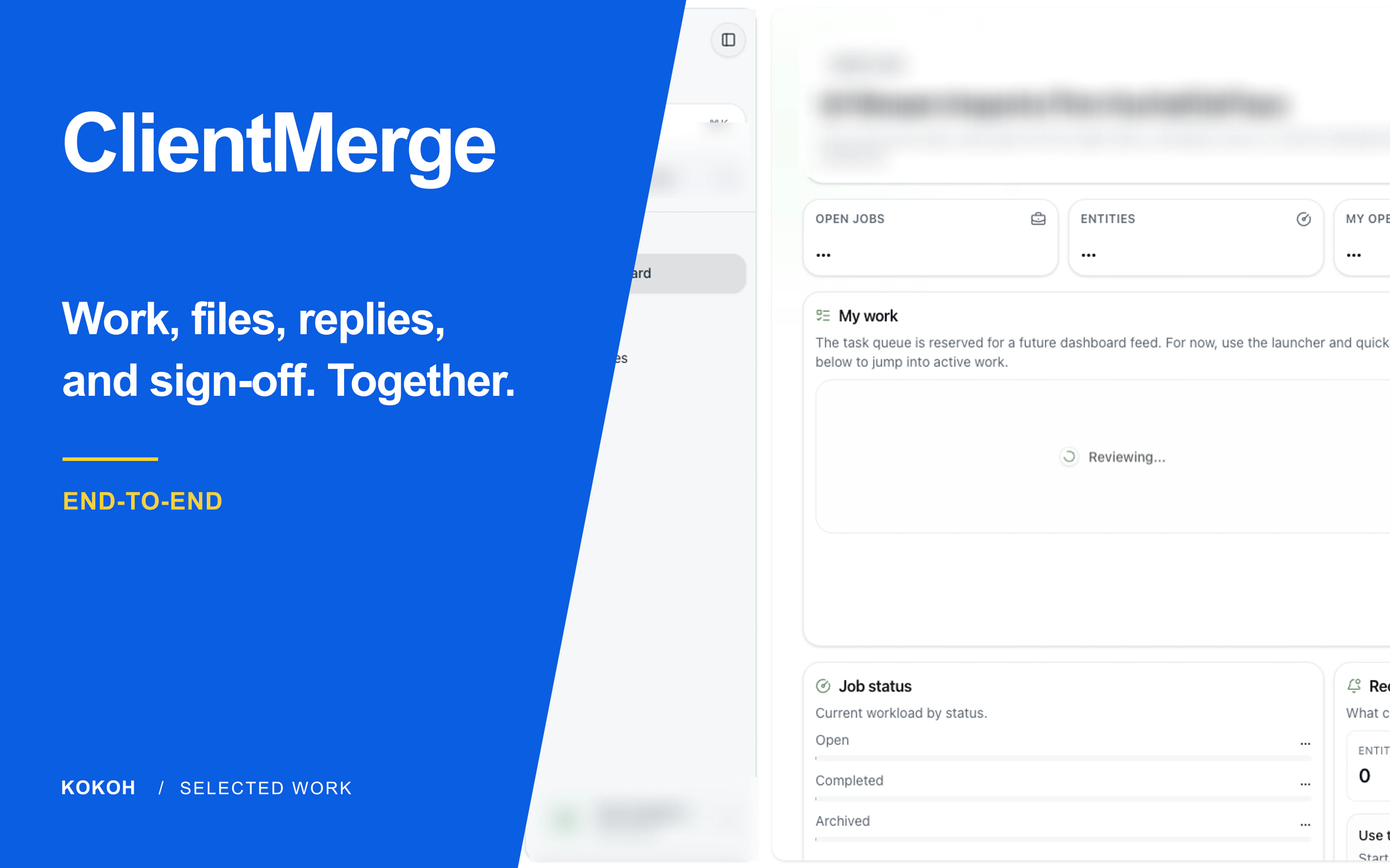 ClientMerge case study cover with a task management product view