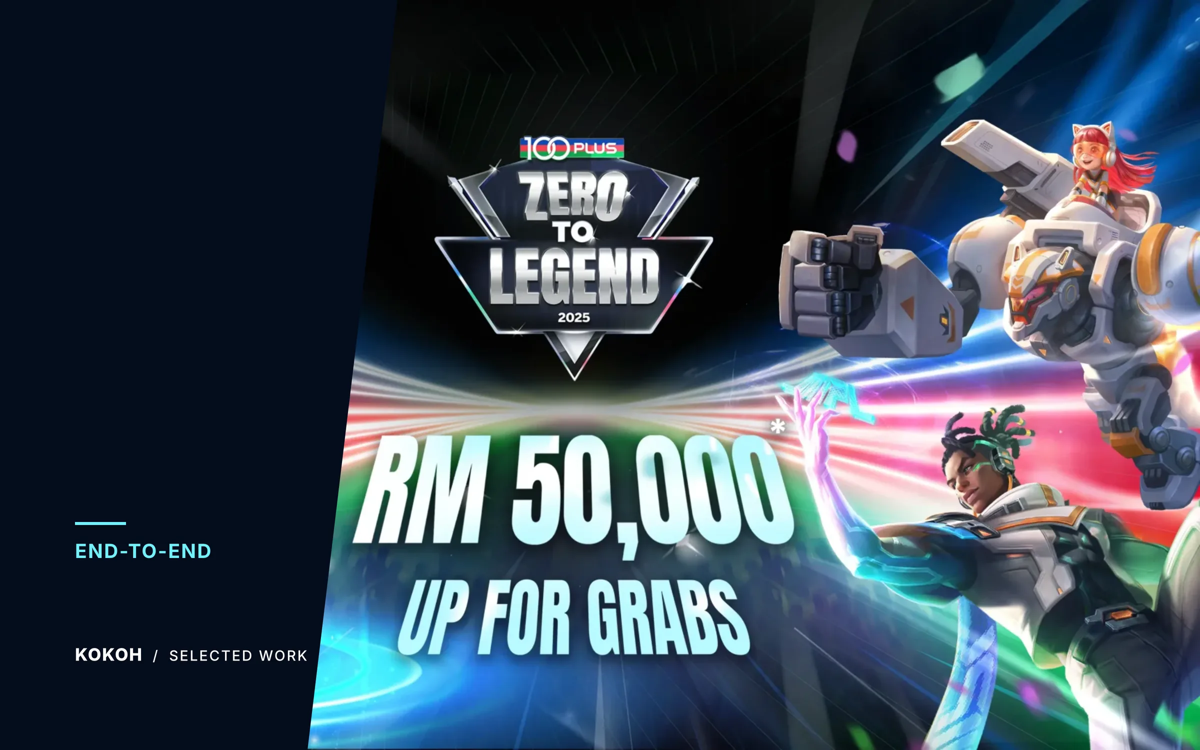 MLBB x 100PLUS Zero to Legend 2025 key art with the RM 50,000 prize and two heroes